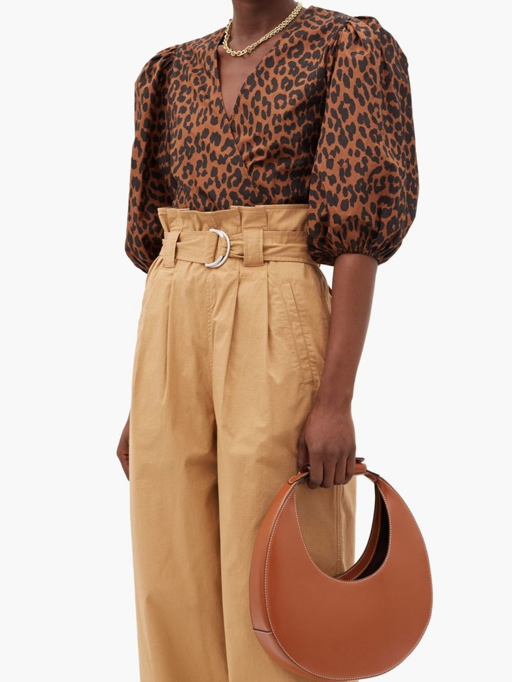 31. Ganni Brown and Black Leopard Wrap Top w/ Puff Sleeves 100% organic cotton